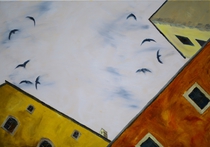 Mauersegler über Regensburg, Öl auf Leinwand